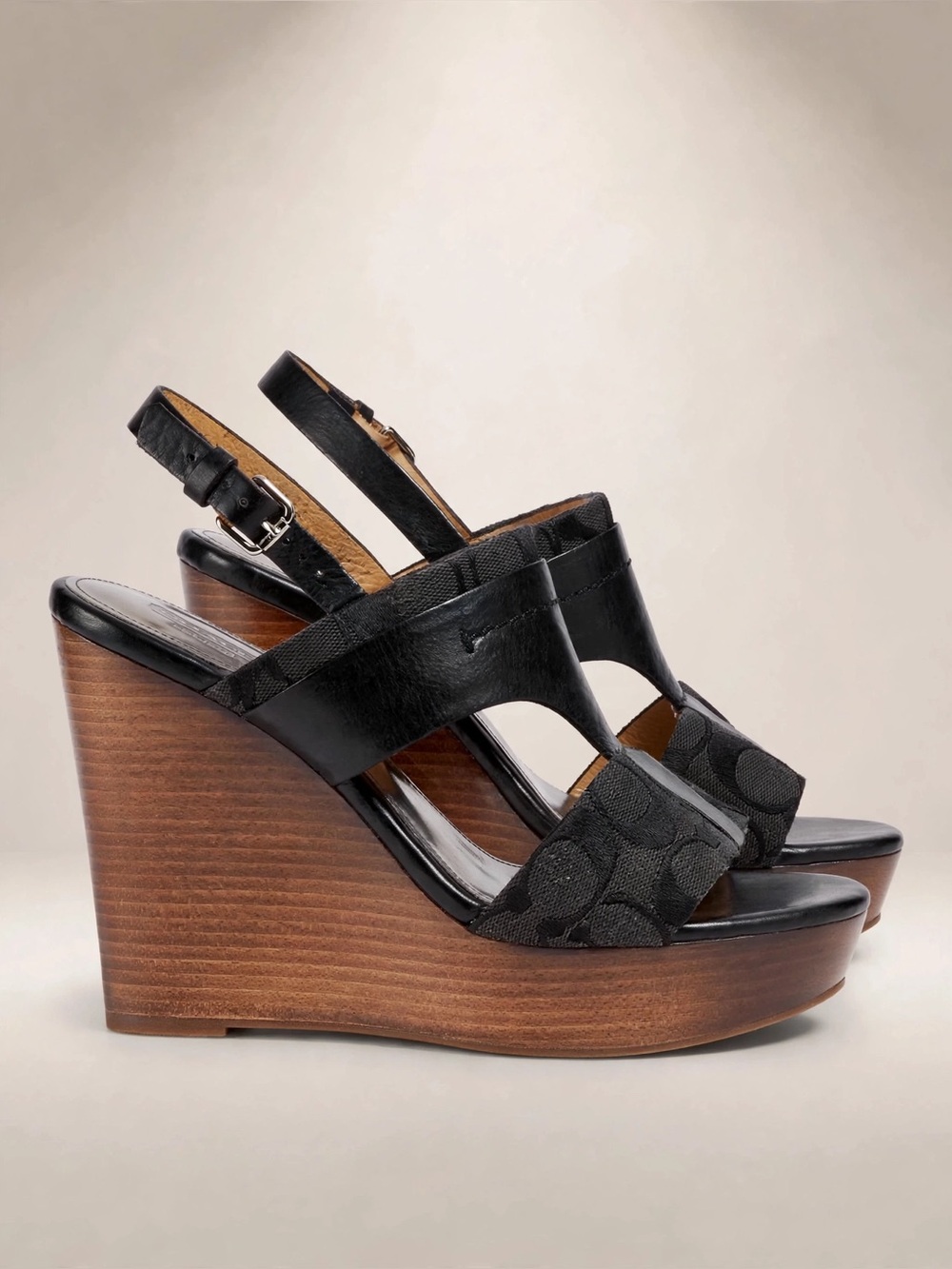 Coach Black Leather & Signature Canvas Platform Heels